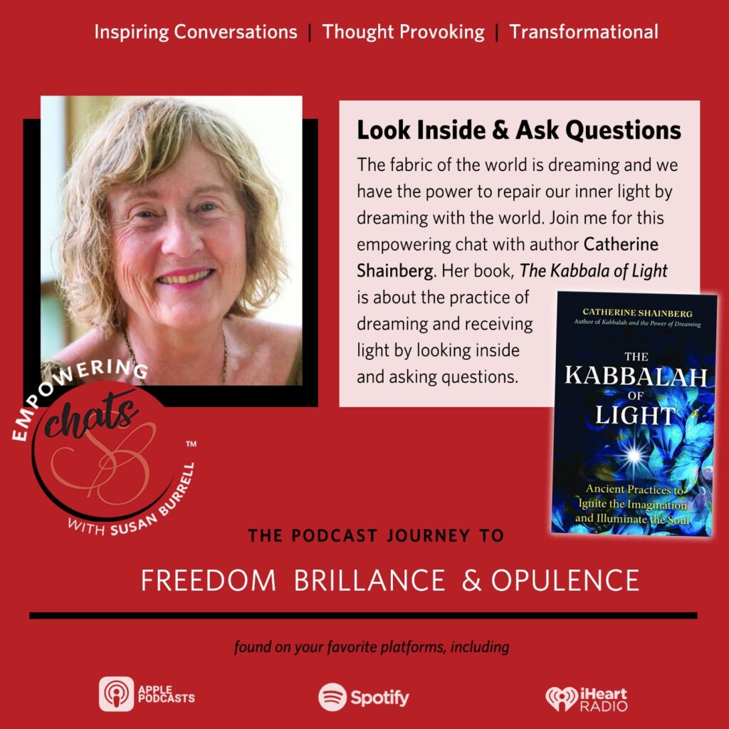 promotional photo of Catherine Shainberg on Empowering Chats with Susan Burrell. Red background with book cover and text snippet