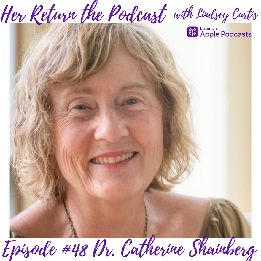 Catherine Shainberg headshot with episode title of her return podcast